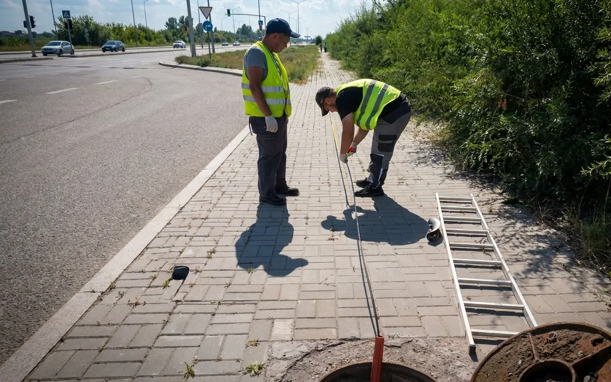 Монтажники у кабельного колодца на городской улице