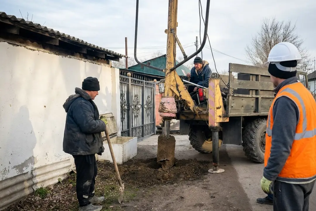 Ямобур на базе грузовика бурит котлован под опору связи на улице Жетигена